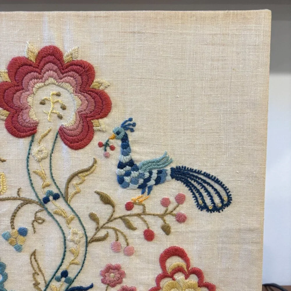 VINTAGE 60s Floral Bird Crewel Stitch Picture Hand Stitched Embroidery Art Piece